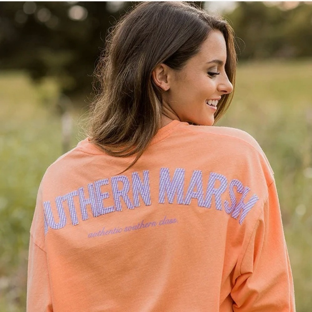 Southern Marsh Rebecca Original Seersucker Logo Sweatshirt Melon Medium - Picture 1 of 6
